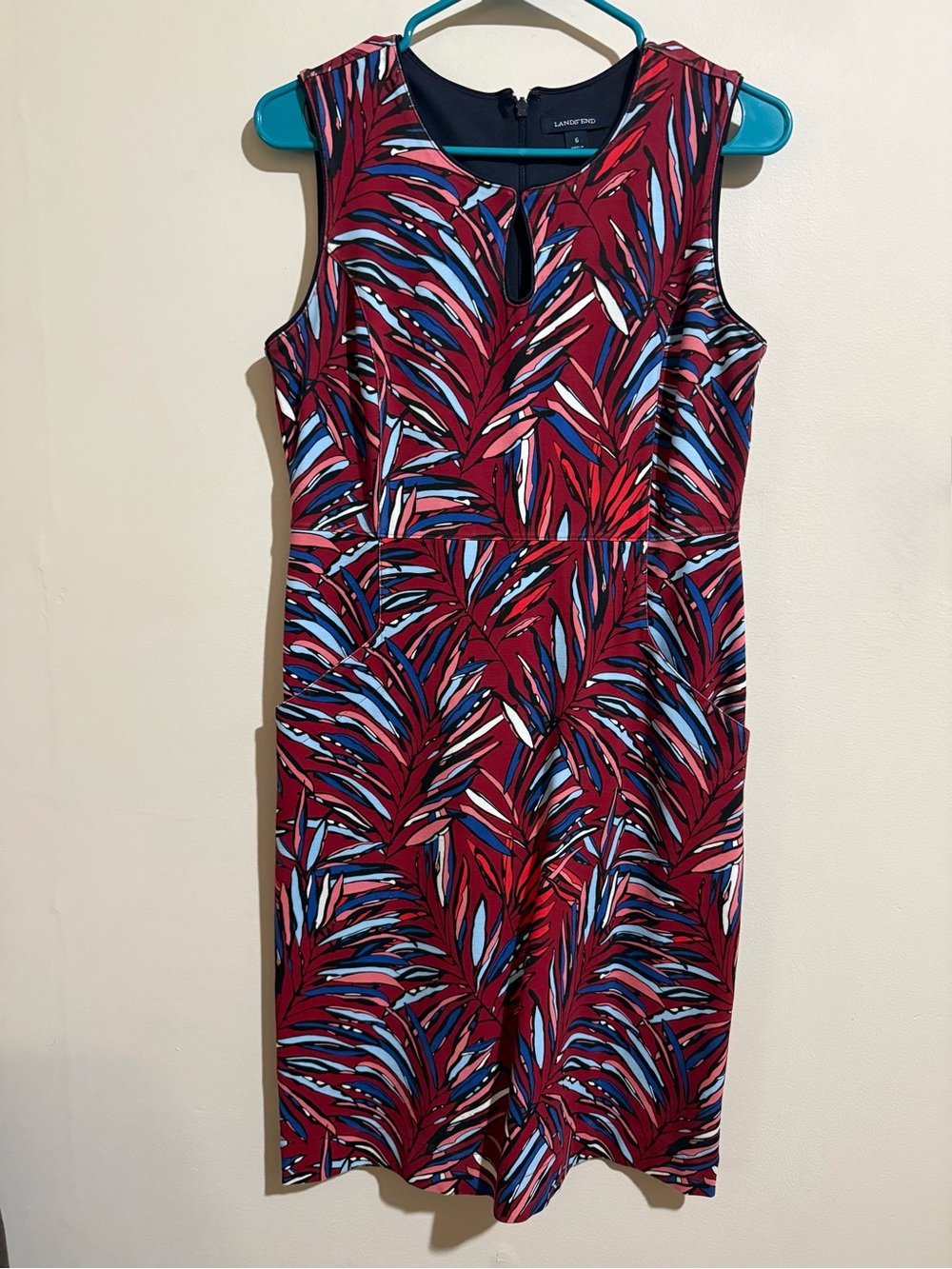Lands' End Burgundy Tropical Print Sleeveless Sheath Dress